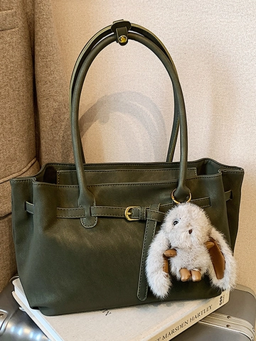 Dames Retro PU Leren Tote Bag Grote Capaciteit Minimalistische Schoudertas Met Pluche Konijn Hanger Urban Daily Tas