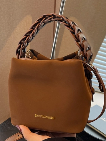 Women Fashion PU Leather Bucket Bag Minimalist Solid Color Woven Handle Shoulder Bag Trendy Commuter Crossbody Bag For Lady Daily Use