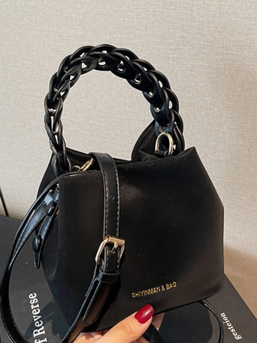 Women Fashion PU Leather Bucket Bag Minimalist Solid Color Woven Handle Shoulder Bag Trendy Commuter Crossbody Bag For Lady Daily Use