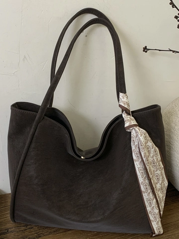 Bolso Tote de PU de Gran Capacidad Retro para Mujer Bolso de Hombro Minimalista Con Decoración de Pañuelo Paisley Moda