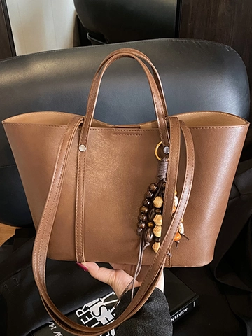 Minimalist Large Capacity PU Leather Tote Bag For Women Winter Fashion Solid Color Underarm Shoulder Bag With Bead Charm Handbag