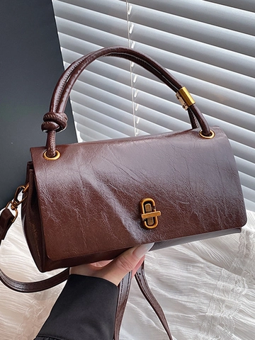Bolso de Hombro de Cuero PU Vintage para Mujer Bolso de Mano Urbano Simple Con Cierre de Cerradura Detalle de Asa de Nudo Color Sólido