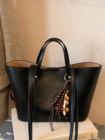 Minimalist Large Capacity PU Leather Tote Bag For Women Winter Fashion Solid Color Underarm Shoulder Bag With Bead Charm Handbag