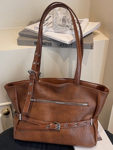 Sac Cabas Vintage en Cuir PU Grande Capacité pour Femme Style Biker Sac à Épaule Avec Boucle Métallique Fermeture Éclair