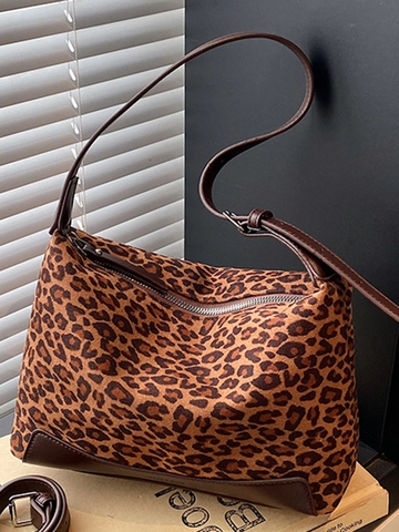 Dames Retro Luipaardprint Onderarmtas Suède-imitatie PU Leer Schoudertas Mode Splicing Crossbody Handtas Voor Dagelijks