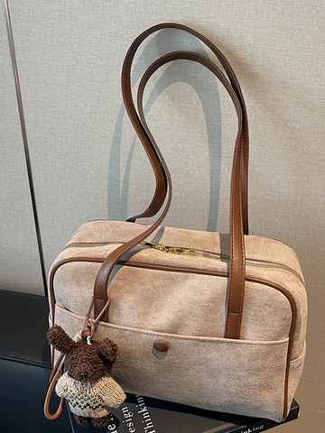 Vintage Wildleder Schultertasche Große Kapazität Damen Retro Lässig Pendeln Achseltasche Mit Bärenanhänger Einfarbige Minimalistische Tasche