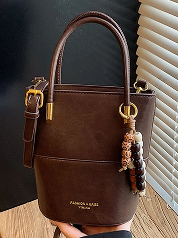 Dames Retro PU Leren Emmer Tas Splicing Crossbody Schoudertas Met Houten Kralen Hanger Casual Handtas Voor Dagelijks Gebruik
