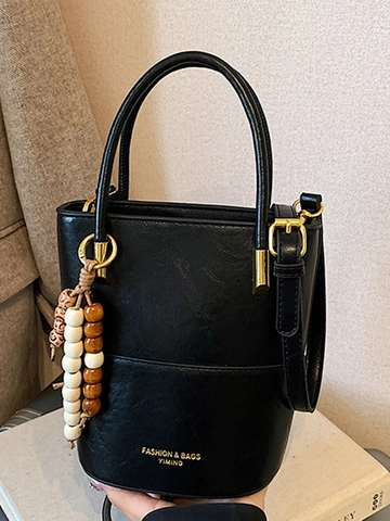Dames Retro PU Leren Emmer Tas Splicing Crossbody Schoudertas Met Houten Kralen Hanger Casual Handtas Voor Dagelijks Gebruik