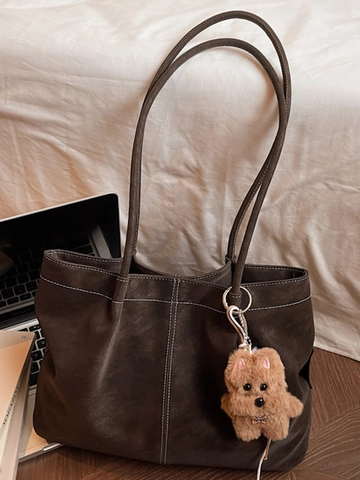 Bolso Tote de PU de Gran Capacidad Para Mujer Minimalista Urbano Bolso de Hombro Con Costuras en Contraste y Colgante de Peluche