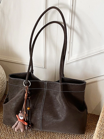 Women Large Capacity PU Leather Tote Bag Vintage Contrast Stitching Shoulder Bag With Teddy Bear Charm Daily Travel Bag