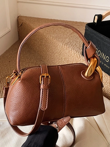 Borsa a Tracolla da Donna in Pelle PU con Motivo Litchi Retrò Moderna Borsa a Tracolla Urbana Semplice con Manico ad Anello in Metallo Dorato