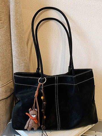 Women Large Capacity PU Leather Tote Bag Vintage Contrast Stitching Shoulder Bag With Teddy Bear Charm Daily Travel Bag