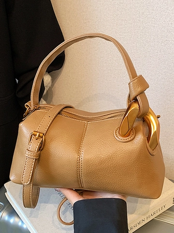 Borsa a Tracolla da Donna in Pelle PU con Motivo Litchi Retrò Moderna Borsa a Tracolla Urbana Semplice con Manico ad Anello in Metallo Dorato