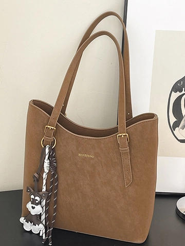Women Casual Large Capacity PU Leather Tote Bag Simple Stylish Commute Shoulder Bag With Cute Dog Pendant Winter Solid Color