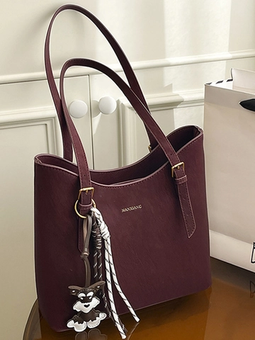 Women Casual Large Capacity PU Leather Tote Bag Simple Stylish Commute Shoulder Bag With Cute Dog Pendant Winter Solid Color