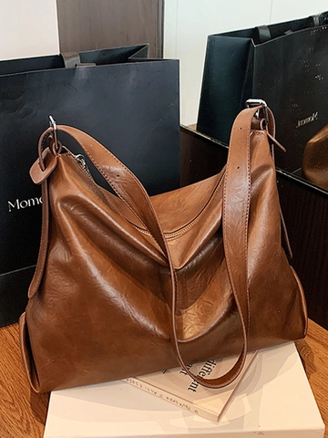 Minimalist Large Capacity Tote Bag For Women PU Leather Solid Color Commuting Shoulder Bag With Zipper Closure Fashion Hobo Handbag