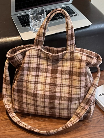 Damen Retro Karomuster Tote Bag Große Kapazität Fleece Umhängetasche Weiche Karierte Handtasche Für Den Täglichen Pendelverkehr Schule Studententasche