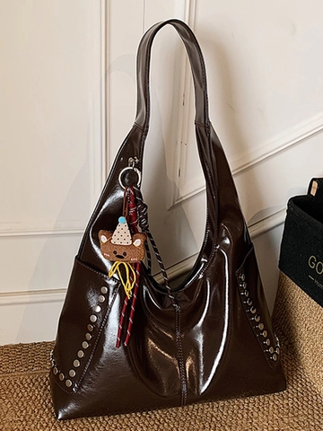 Bolso de Mano de Cuero PU de Gran Capacidad Vintage Para Mujer Bolso de Hombro de Axila con Remaches y Colgante de Oso