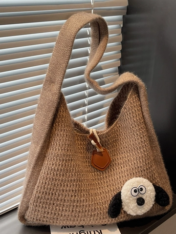 Women Large Capacity Knitted Shoulder Bag Winter Soft Woolen Yarn Tote Bag With Horn Buckle Cute Cartoon Dog Patch Underarm Bag