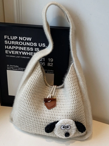 Women Large Capacity Knitted Shoulder Bag Winter Soft Woolen Yarn Tote Bag With Horn Buckle Cute Cartoon Dog Patch Underarm Bag