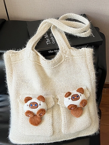 Borsa Tote in Maglia Grande Con Simpatica Decorazione Gatto Peluche 3D Borsa a Tracolla in Uncinetto Morbida per Donna Tempo Libero