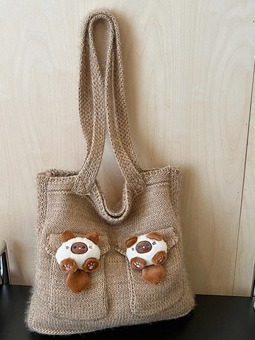 Borsa Tote in Maglia Grande Con Simpatica Decorazione Gatto Peluche 3D Borsa a Tracolla in Uncinetto Morbida per Donna Tempo Libero