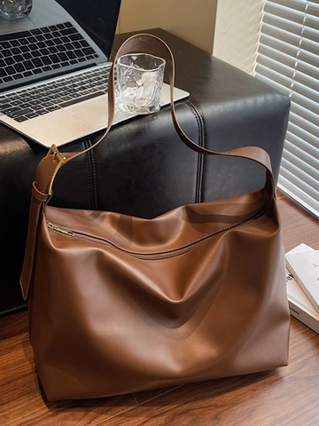 Bolso de Hombro Hobo Minimalista de Gran Capacidad para Mujer Cuero PU Color Sólido Vintage Casual Tote Bag con Correa Ajustable