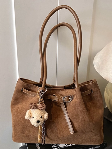 Bolso Tote de Gamuza de Gran Capacidad para Mujer Bolso de Hombro Simple Urbano Con Colgante de Oso de Felpa Moda