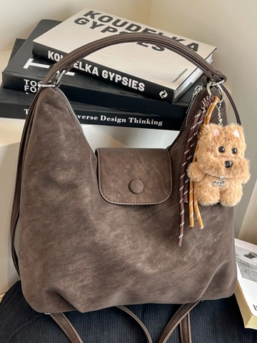 Sac à Bandoulière Rétro en Cuir PU Grande Capacité Pour Femmes Trajet Hivernal Sac Hobo Fourre-Tout Avec Décoration Chien en Peluche