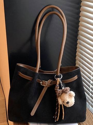Bolso Tote de Gamuza de Gran Capacidad para Mujer Bolso de Hombro Simple Urbano Con Colgante de Oso de Felpa Moda