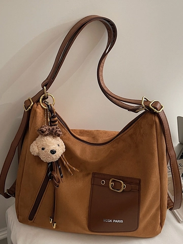 Damen Große Kapazität Suede Tragetasche Kontrast Leder Tasche Minimalistische Schultertasche Mit Plüsch Anhänger Für Alltag
