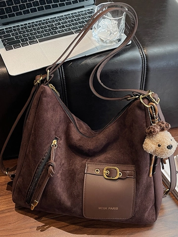 Damen Große Kapazität Suede Tragetasche Kontrast Leder Tasche Minimalistische Schultertasche Mit Plüsch Anhänger Für Alltag