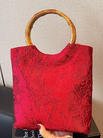 Damen Chinesische Vintage Rot Jacquard Tragetasche Mit Natürlichem Bambusgriff Große Kapazität Blumen Pendler Handtasche Für Hochzeit
