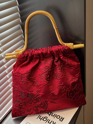 Damen Chinesische Vintage Rot Jacquard Tragetasche Mit Natürlichem Bambusgriff Große Kapazität Blumen Pendler Handtasche Für Hochzeit