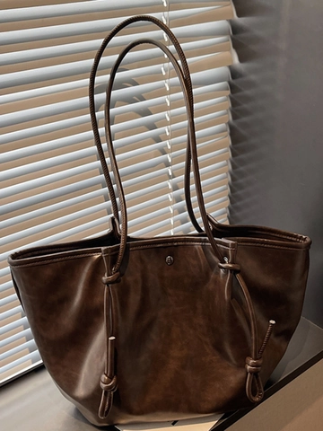 Grand Fourre-tout Vintage en Cuir PU pour Femmes Style Coréen Décor de Nœud Sac à Bandoulière Sac à Main de Navettage