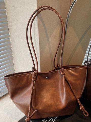 Grand Fourre-tout Vintage en Cuir PU pour Femmes Style Coréen Décor de Nœud Sac à Bandoulière Sac à Main de Navettage