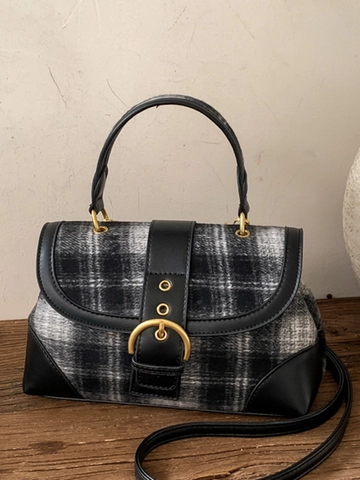 Retro Plaid Underarm Bag For Women Large Capacity Shoulder Bag With Metal Buckle PU Leather Tweed Splicing Stylish Crossbody Handbag