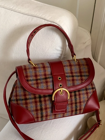 Retro Plaid Underarm Bag For Women Large Capacity Shoulder Bag With Metal Buckle PU Leather Tweed Splicing Stylish Crossbody Handbag