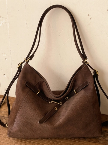 Women Vintage Large Capacity Woven Tote Bag PU Leather Solid Color Shoulder Bag With Adjustable Strap For Daily Commute Work