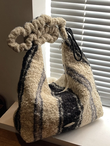 Sac Fourre-tout d'Hiver pour Femme Imprimé Léopard en Peluche Grande Capacité Tweed Rayé Carreaux Sac à Épaule Vintage Chic