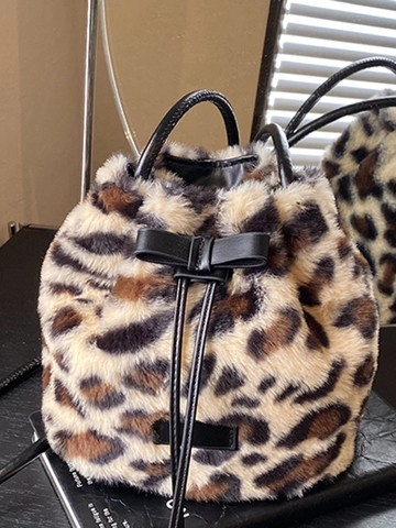 Sac Seau à la Mode en Fausse Fourrure Imprimé Léopard pour Femmes Sac Bandoulière d'Hiver en Peluche avec Cordon et Nœud