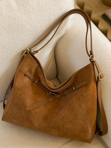 Women Vintage Large Capacity Woven Tote Bag PU Leather Solid Color Shoulder Bag With Adjustable Strap For Daily Commute Work