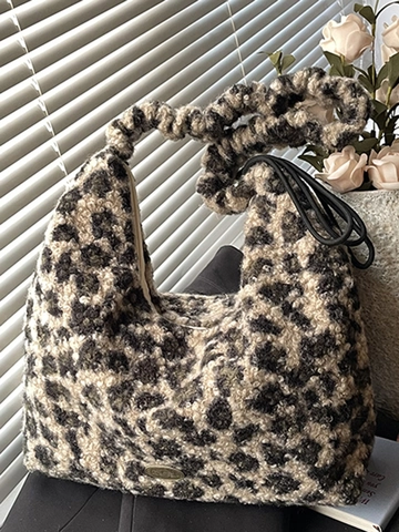 Sac Fourre-tout d'Hiver pour Femme Imprimé Léopard en Peluche Grande Capacité Tweed Rayé Carreaux Sac à Épaule Vintage Chic