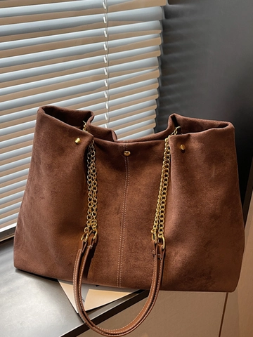 Women Large Capacity Suede Tote Bag Vintage Urban Simple Chain Shoulder Bag Casual Commuter Handbag Solid Color Fashion