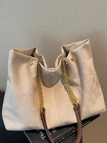 Women Large Capacity Suede Tote Bag Vintage Urban Simple Chain Shoulder Bag Casual Commuter Handbag Solid Color Fashion