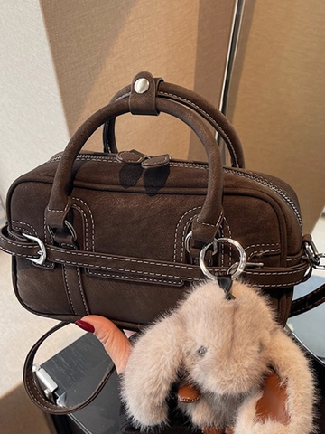 Retro Urban PU Leather Boston Shoulder Bag With Contrast Stitching And Plush Rabbit Pendant Versatile Handbag For Women