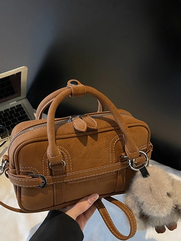 Retro Urban PU Leather Boston Shoulder Bag With Contrast Stitching And Plush Rabbit Pendant Versatile Handbag For Women