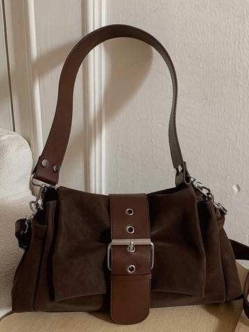 Borsa a Spalla in Pelle PU Minimalista Retro per Donna Grande Capacità Consistenza Opaca Borsa Sottobraccio con Grande Fibbia