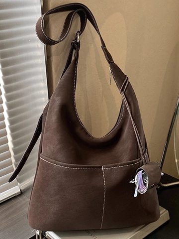 Vintage Large Capacity PU Leather Hobo Bag Women White Contrast Stitching Double Pockets Adjustable Strap Casual Tote Bag