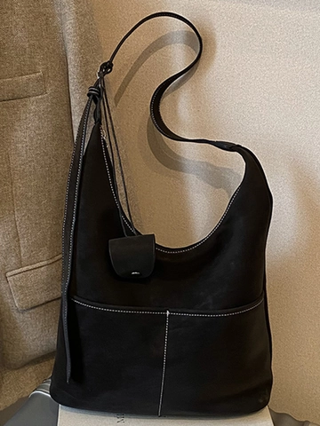 Vintage Large Capacity PU Leather Hobo Bag Women White Contrast Stitching Double Pockets Adjustable Strap Casual Tote Bag